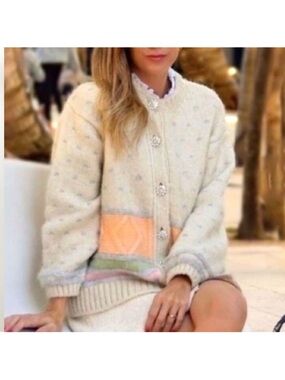 ZARA Pastel Iceland Jewel Button Cardigan Sweater Size Medium Peach Cream